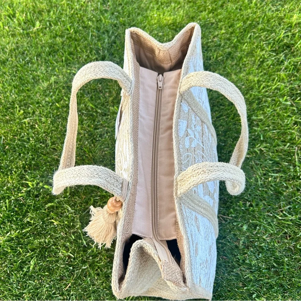 Jute Shoulder Floral Bag Beige NWT - Picture 12 of 16